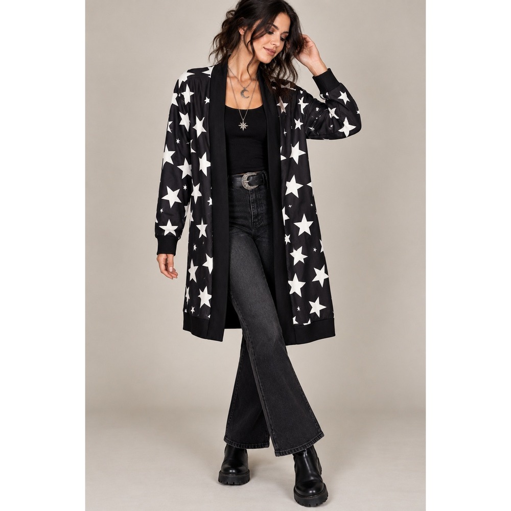 Celestial Star Longline Cardigan XL Whimsigoth Witchy Black White Star Print